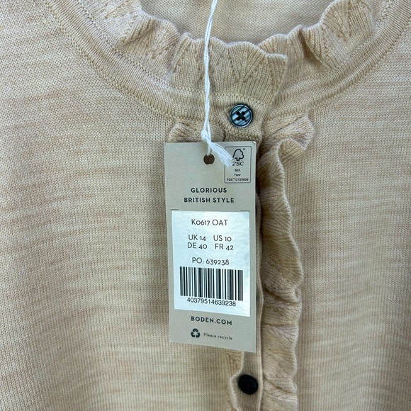 NWT Boden Ruffle Button Front Merino Wool Sweater Heathered Oatmeal Size 10 - Picture 12 of 13